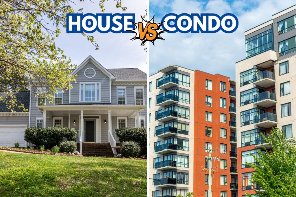 A modern condominium building with landscaped grounds and shared amenities like a pool and fitness center. A single-family home with a private yard, driveway, and mature trees showing the space and autonomy of house living.